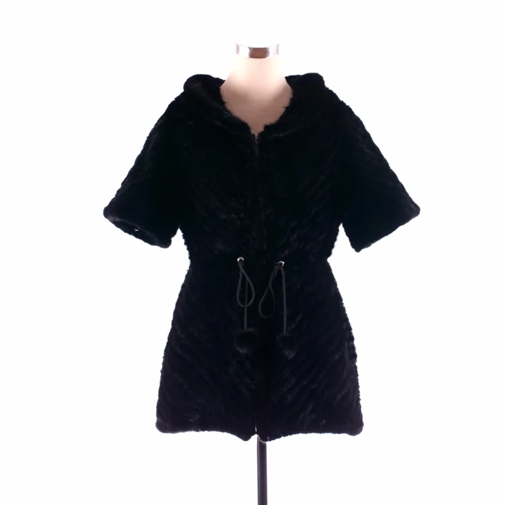

ZY81012 Winter Real Knitted Mink Fur Half Sleeve With Hooded Slim Fashion Fur Zipper V-Line Warm Fur Jacket Coat
