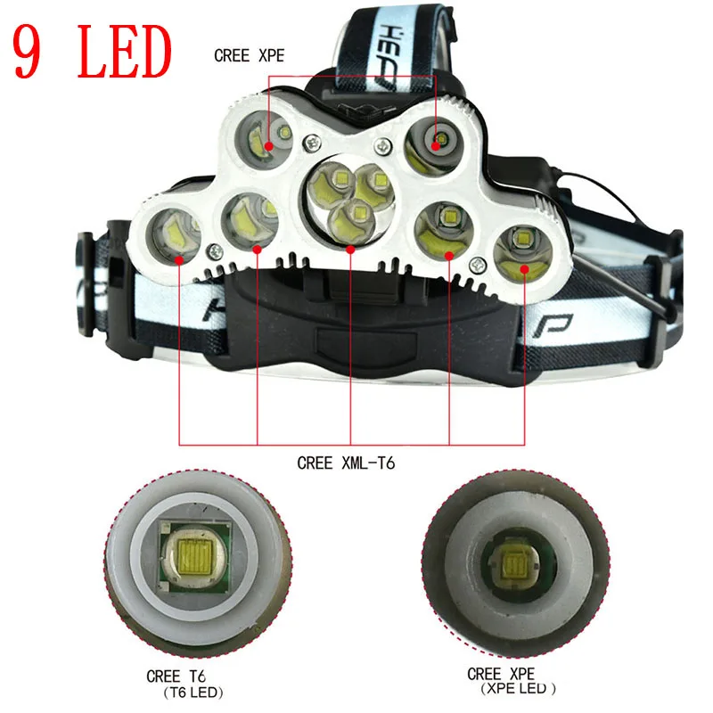 Жесткий светильник, светильник-вспышка 45000 лм 9 Т6, Головной фонарь, водонепроницаемый светодиодный, перезаряжаемый, головной светильник, для улицы, для путешествий, Головной фонарь, с батареей 18650