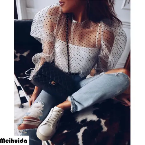 

Fashion Women's Ladies Summer Loose Tops Long Sleeve Shirt Casual Blouse Polka Dot Lantern Sleeve Shirts