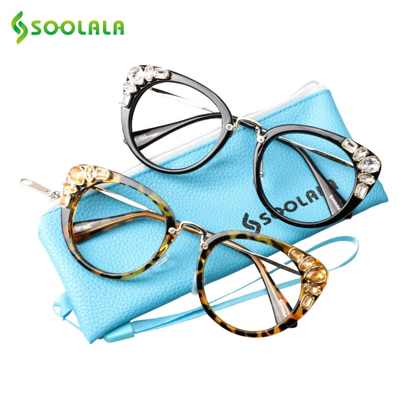 SOOLALA Cateye Reading Glasses Womens Luxury Rhinestone Eyeglasses Leopard Black Purple Presbyopia Reading Glasses +0.5 to 4.0