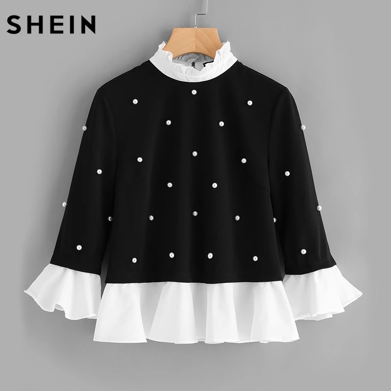 Preise SHEIN Kontrast Rüschen Trim Perle Verschönert Top Schwarz und Weiß Kontrast Kragen Drei Viertel Länge Flare Hülse Bluse