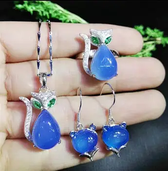 

Authentic natural agate Topaz pulp Imperial Green Pink Blue 925 silver fox Ring Pendant Earring inlaid three piece
