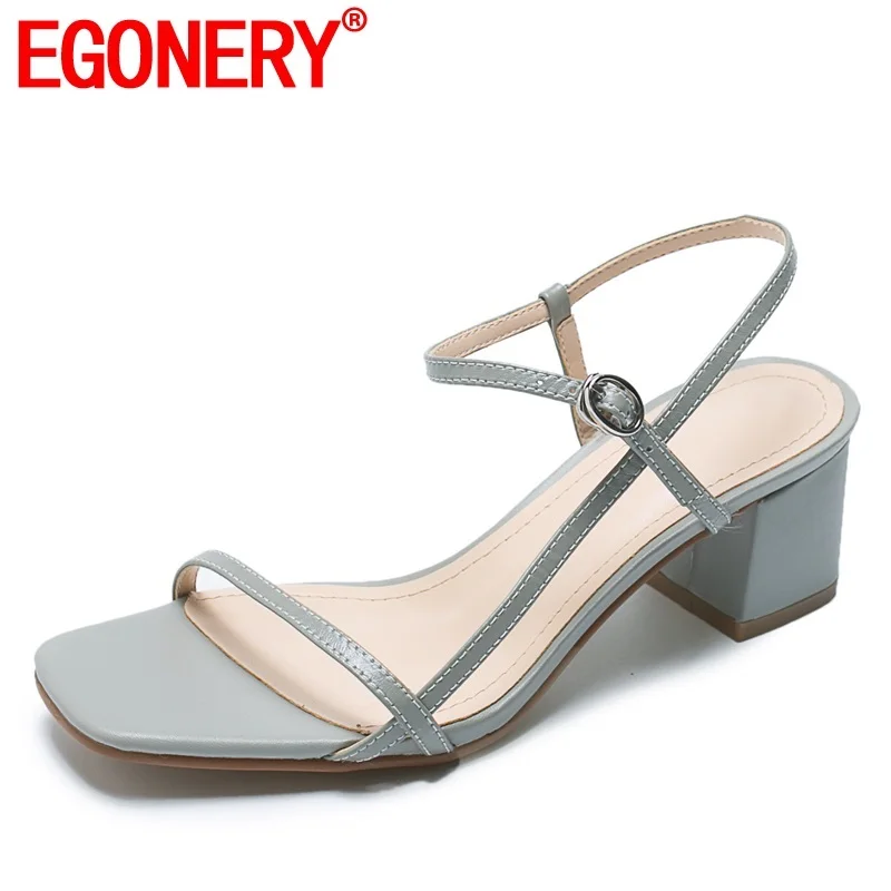 

EGONERY shoes woman summer new concise casual handmade genuine leather outside open toe mid heels buckle ladies shoes size 34-40