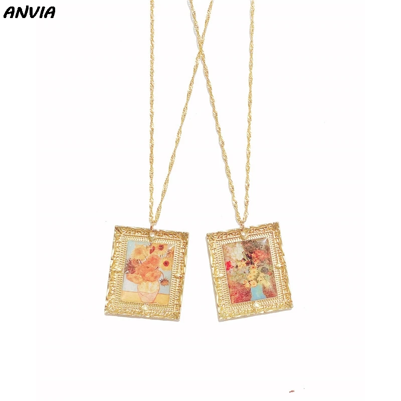 

Vintage Van Gogh Sunflower Necklace Women Bijoux Oil Painting Pendant Necklace Gold Chain Punk Art Ornaments 2019 New Gifts