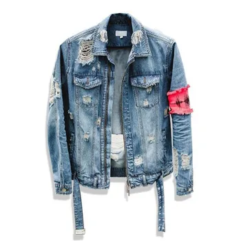 

2018 New Men Hip-Hop forum Wearing patchwork Denim jacket coat Men jacket Man Man Hip Hop Tape Hole loose Coat The Beggar Damage