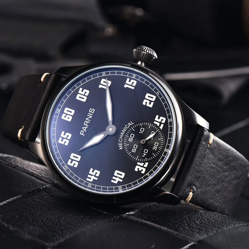 44 мм Parnis черный циферблат PVD случае светящиеся знаки Элитный бренд кожаный ремешок 6498 руки обмотки для мужчин часы