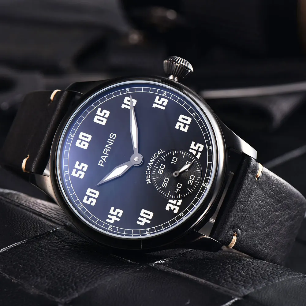 

44mm Parnis Black Dial PVD case Luminous Marks Luxury Brand Leather strap 6498 Hands Winding Men's Watch