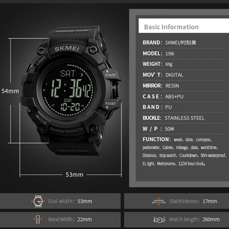 Мужские спортивные часы, шагомер, калории, цифровые часы, мужские альтиметр, барометр, компас, термометр, погода, Relojes SKMEI