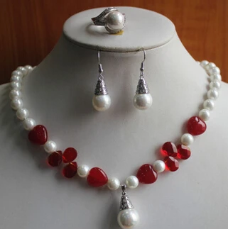 

ddh001227 New Design Women'S White Pearl/Red Jade Necklace Earring Ring(7/8/9)Jewelry Set