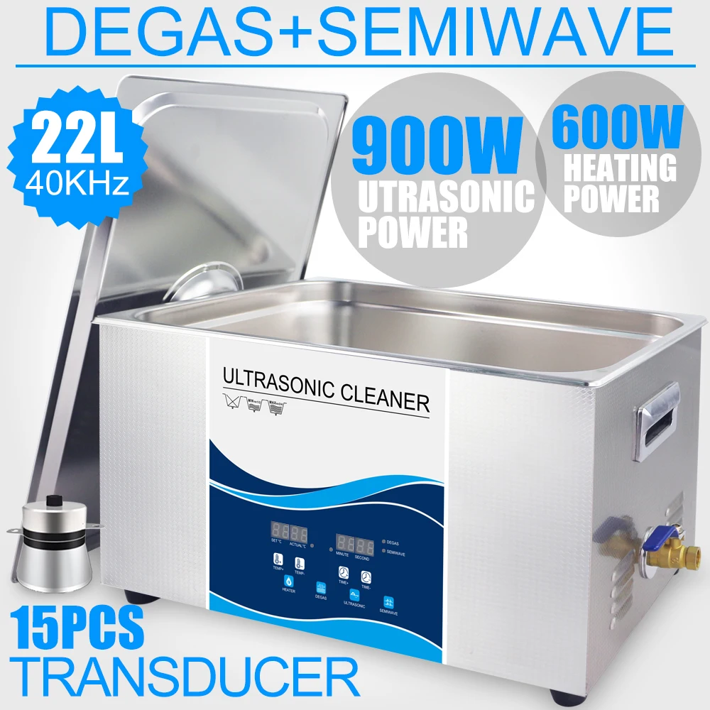 22L Ultrasonic Cleaner Upgraded 900W Variable Wave Degas Heater