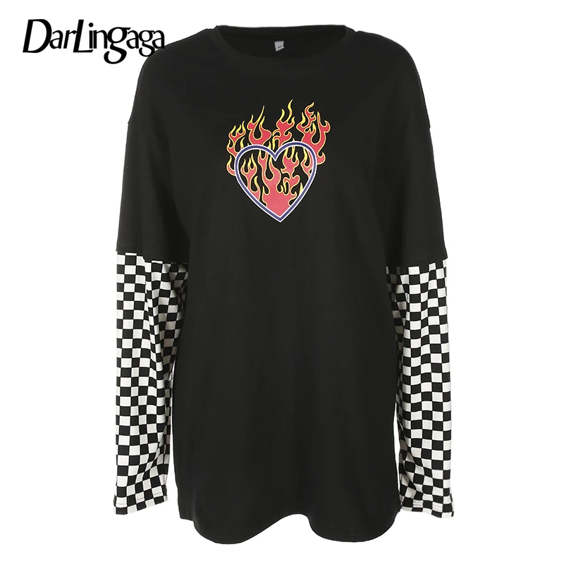 Skup Darlingaga Streetwear bawełniana szachownica damska koszulka płomień drukuj długa koszulka luźne, jesienne koszulki trójniki 2019 modna odzież