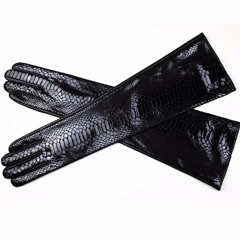 Female 47 cm long 100% leather gloves imitation crocodile pattern sheepskin gloves velvet lining warm arm shield