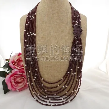 

N093007 29" 8 Strands Garnet White Pearl CZ Connector Necklace