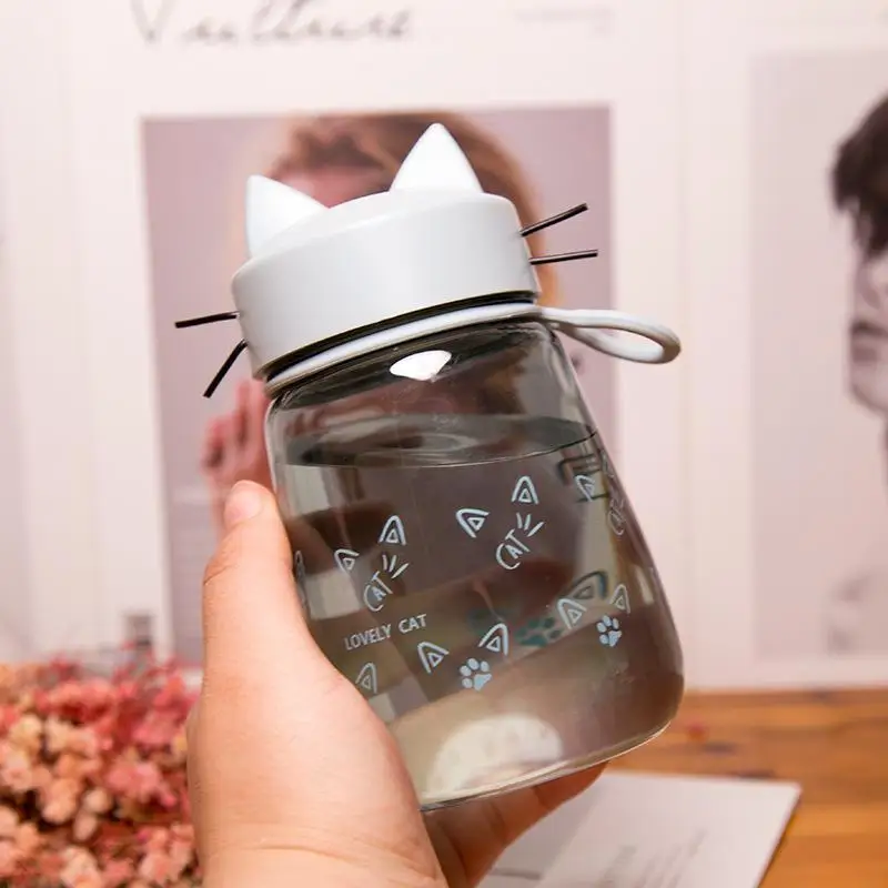 

380ml Portable Cat Head Cups Cartoon Mini Water Bottle Plastic Cute My Kids Crystal Drink Bottle Sports Student Rope Hand Cups