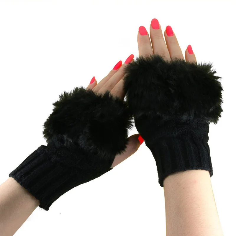 

Fashion Winter Women Gloves Plush Faux Fur Knitting Wool Keep Warm Short Mitten Fingerless Lady Girl Half Finger Glove TH36