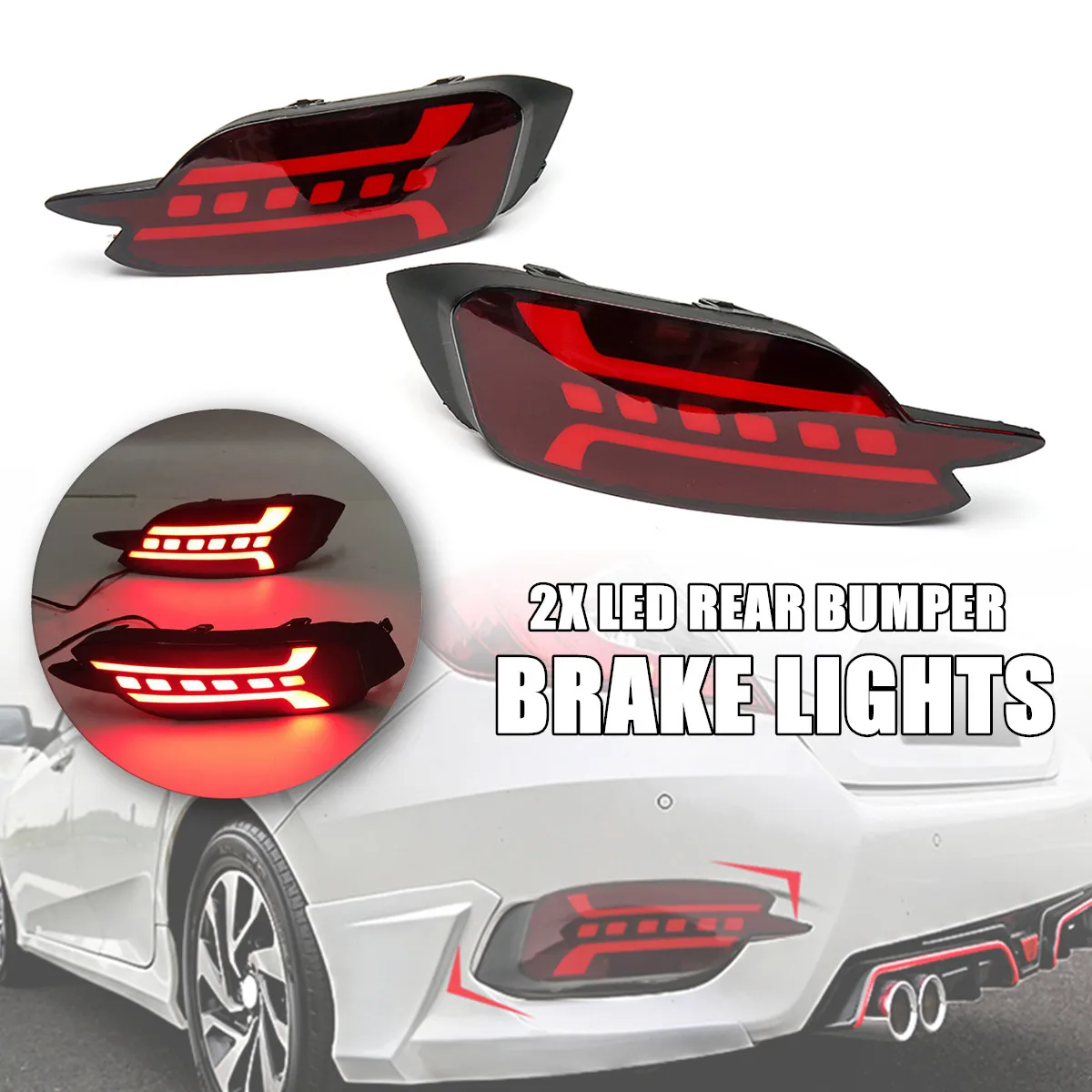 

for Honda-Civic 10th Gen 2016-17 2x Red LED Rear Bumper Brake Lights Reflector Lamp ABS 43x12.5x6cm Durability Waterproof Safety
