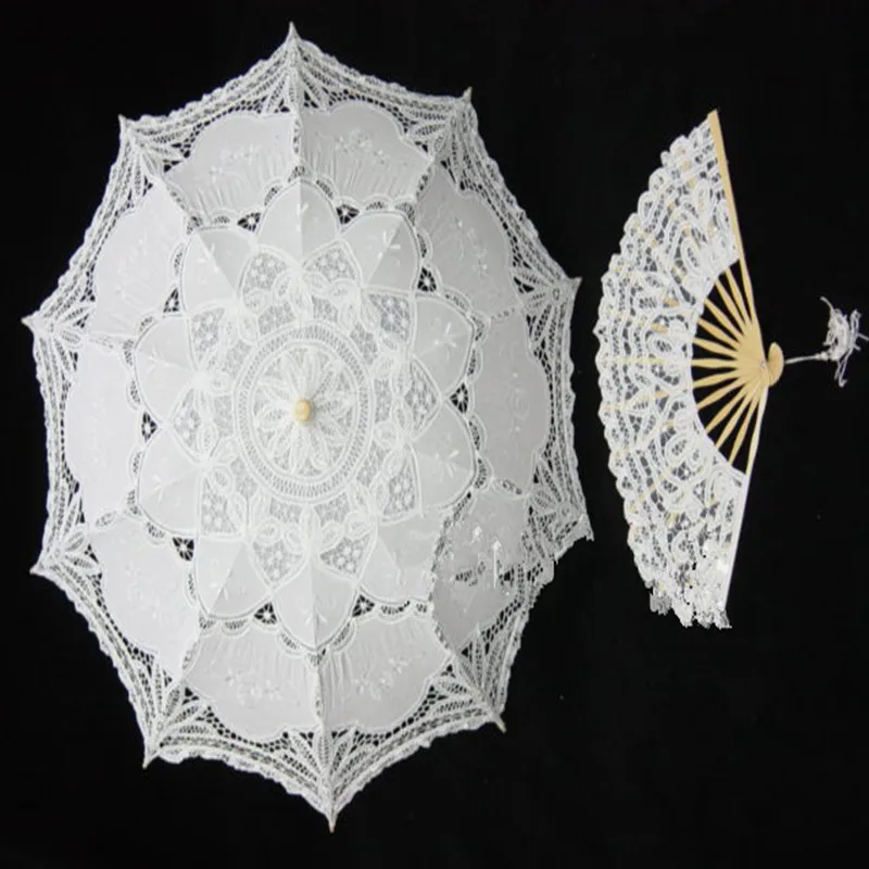 

7 colors Embroidery white Lace Parasols wedding Wooden shaft Cotton cloth Sun Umbrella Radius 48cm Wedding Umbrella and fan set