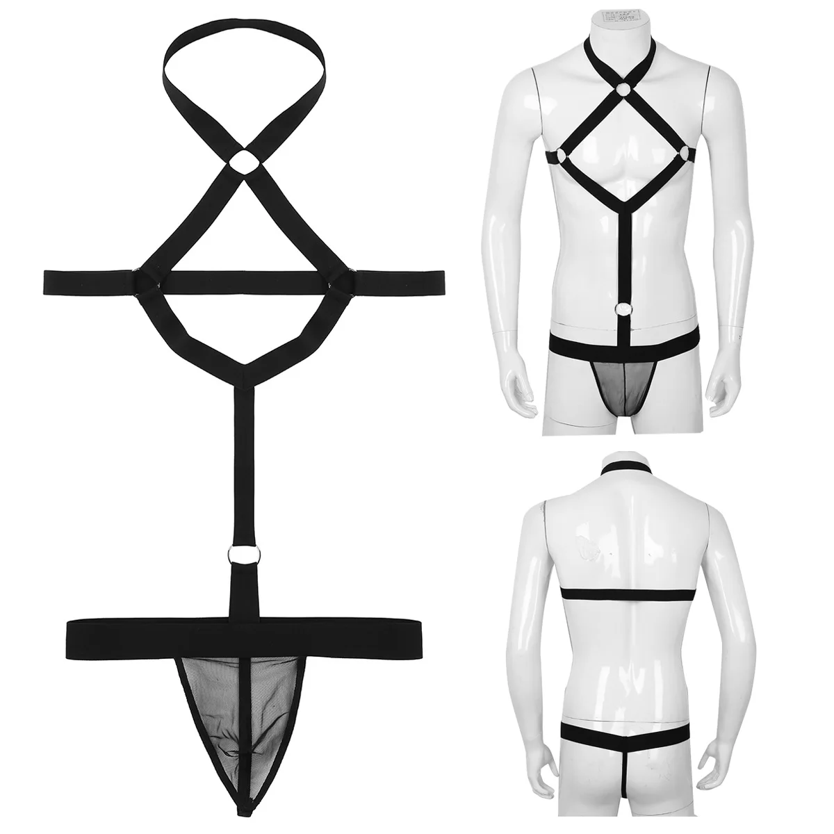 

Mens Cross Rhombic Harness Lingerie Halter Elastic Body Chest Bondage with Open Butt Mesh Thong One-piece Suspender Underwear