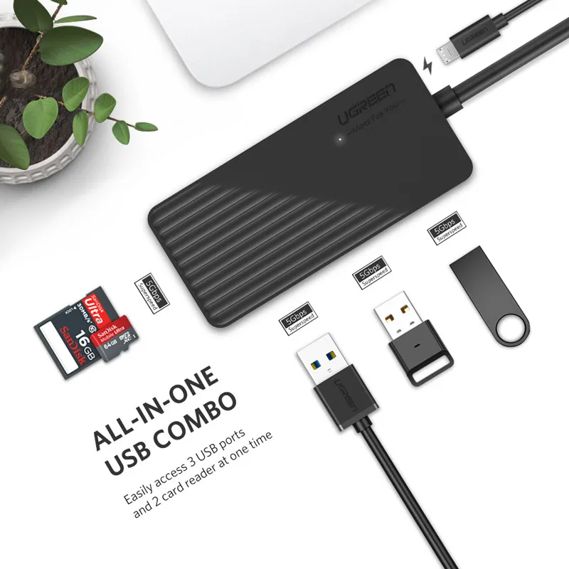 Baratos HUB USB 5 en 1 Ugreen con lector de tarjetas divisor de HUB USB 3,0 de 3 puertos puerto de alimentación Micro USB para iMac Accesorios para ordenador portátil HUB USB