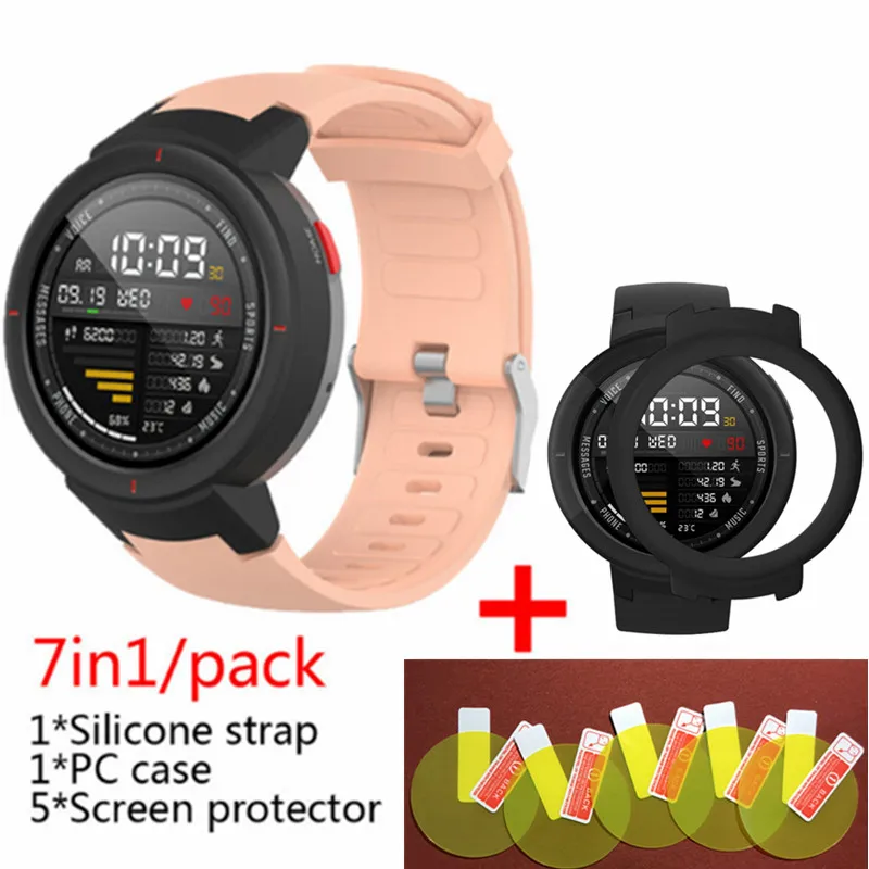 3в1 силиконовый ремешок для смарт-часов Huami Amazfit+ чехол с рамкой+ Защитная пленка для экрана amazfit Verge - Цвет: Pink 2