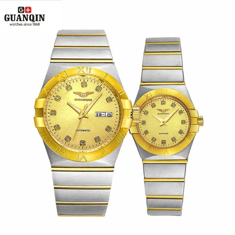 GUANQIN Gold Couple Watches Men Automatic Mechanical Watch Women Quartz Watch Luxury Lover Watch Waterproof Fashion Wristwatches