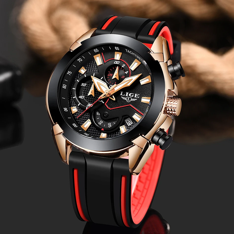 

LIGE Men's Chronograph Analog Quartz Watch Gift With Date Luminous Hands Waterproof Silicone Rubber Strap Wristswatch for Man