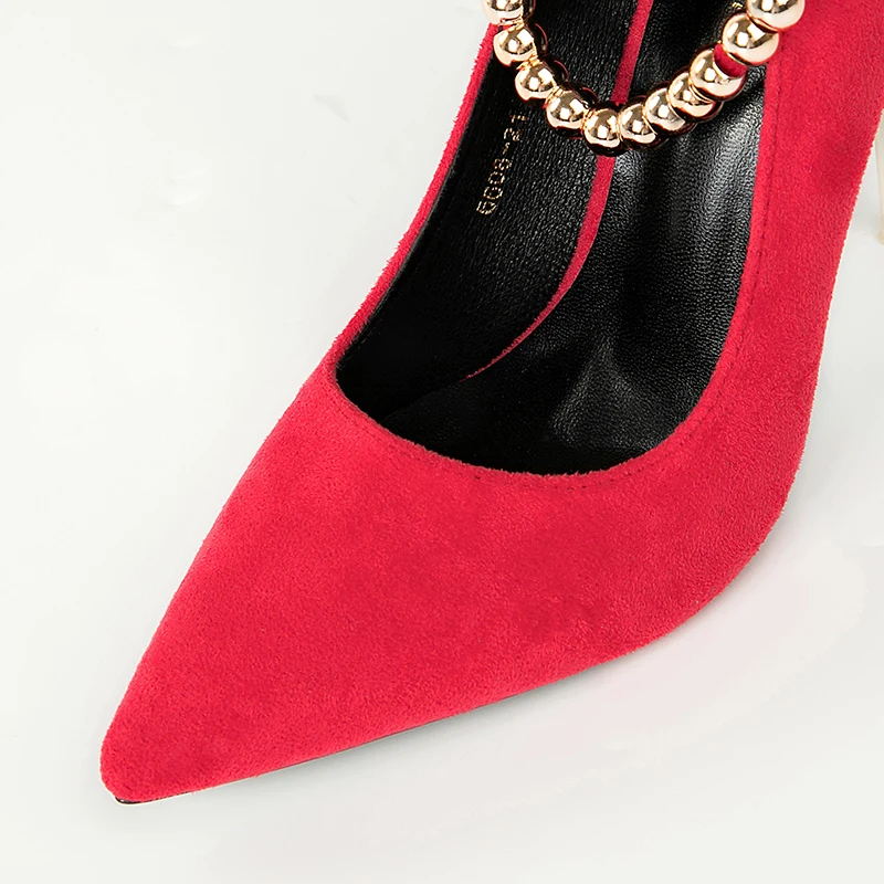 2019 Women 10cm High Heel Metal Chain Pumps Lady Sexy Pointed Toe Wedding Bridal Strap Pumps Female Scarpins Green Brown Shoes