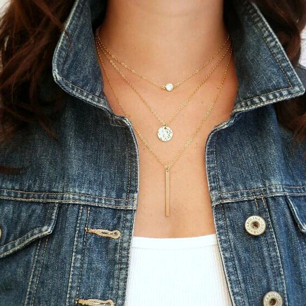 

KISSWIFE 2018 fashion geometric crystal 3 layers gold and silver selection chain necklace for ladies