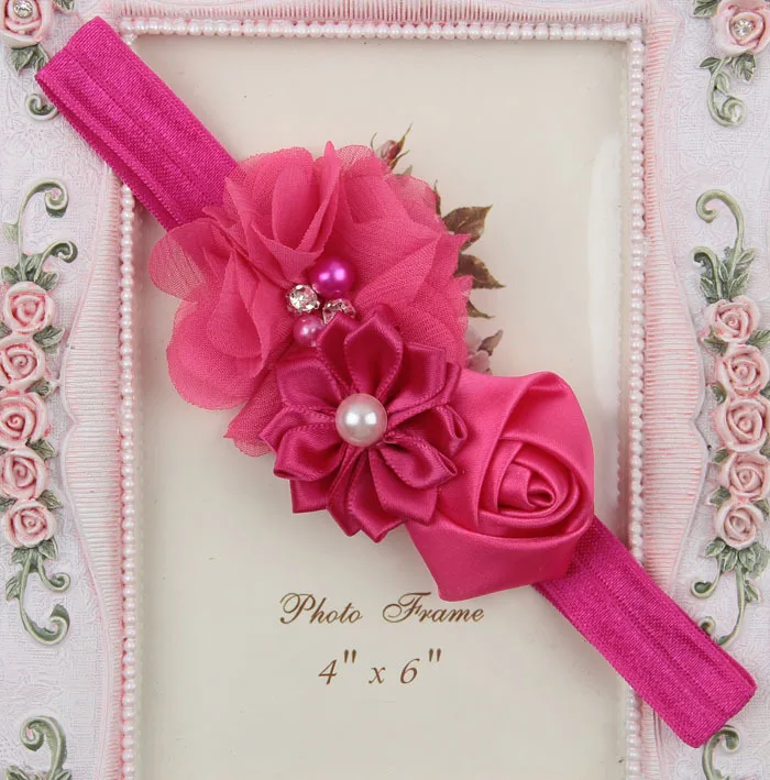 Nishine 1 шт. новорожденный пятнистый розовый цветок жемчужный шифоновый Стразы повязка на голову Мода младенческой детей ручной работы для маленьких девочек головные уборы - Цвет: 9hot pink