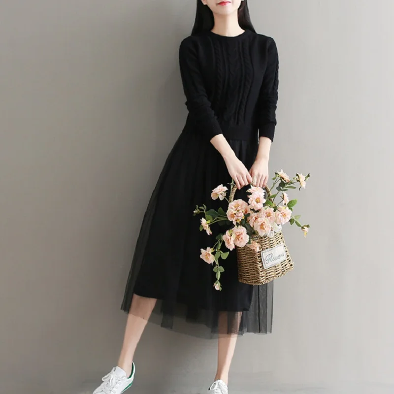 

Mori Girl Autumn Winter Elegant Sweater Dress Round Neck Patchwork Mesh Femininos Vestidos Long Sleeve Casual Warm Slim Dresses
