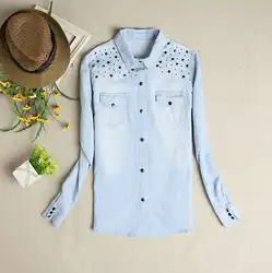 2019 Новая мода весна и лето для женщин джинсовая рубашка светло голубой цвет милые повседневное блузки для малышек джинсы с заклепками