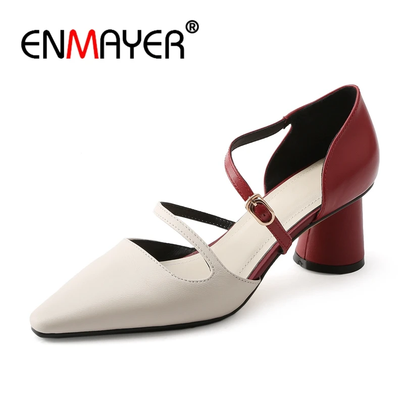 

ENMAYER Casual Buckle Strap Genuine Leather Zapatos De Mujer Women Sandals Summer 2019 Hing Heel Size 34-39 ZYL2473