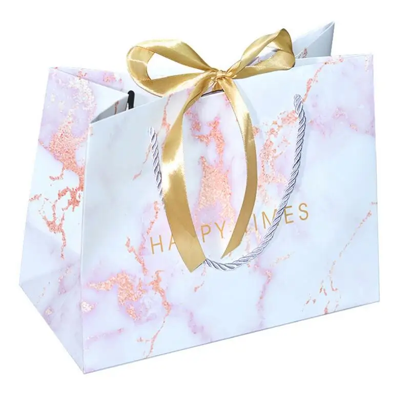 

10pcs/lot Bow Ribbon Hand Gift Bag White Pink Marble Pattern Wedding Birthday Candy Bag Clothes Tote Bag 18*16*10cm