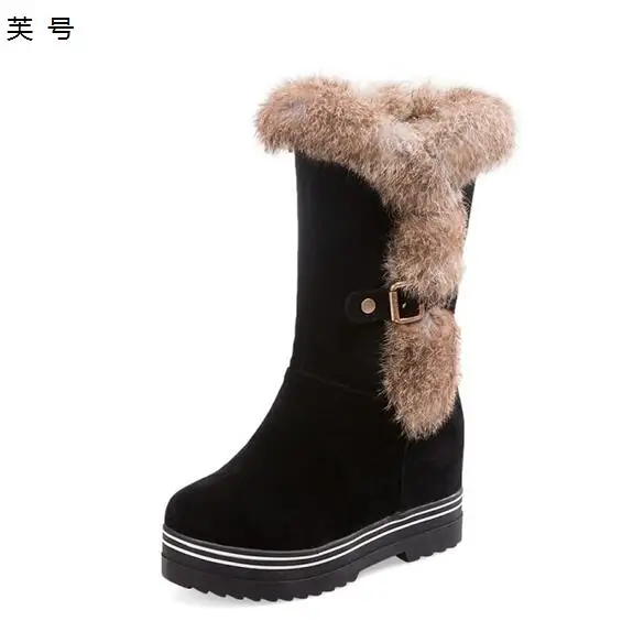 

2018 Women Shoes Winter Warm Rabbit Hair Waterproof Platform Middle Tube Snow Boots Shoes Women Female Metal Button Plush Boots