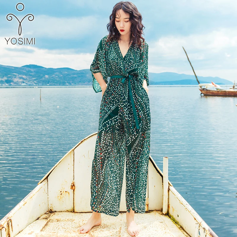 

YOSIMI 2019 Maxi Long Women Jumpsuits Loose V-neck Ankle-Length Bohemian Half Sleeve Pants Print Chiffon Women Overalls Green