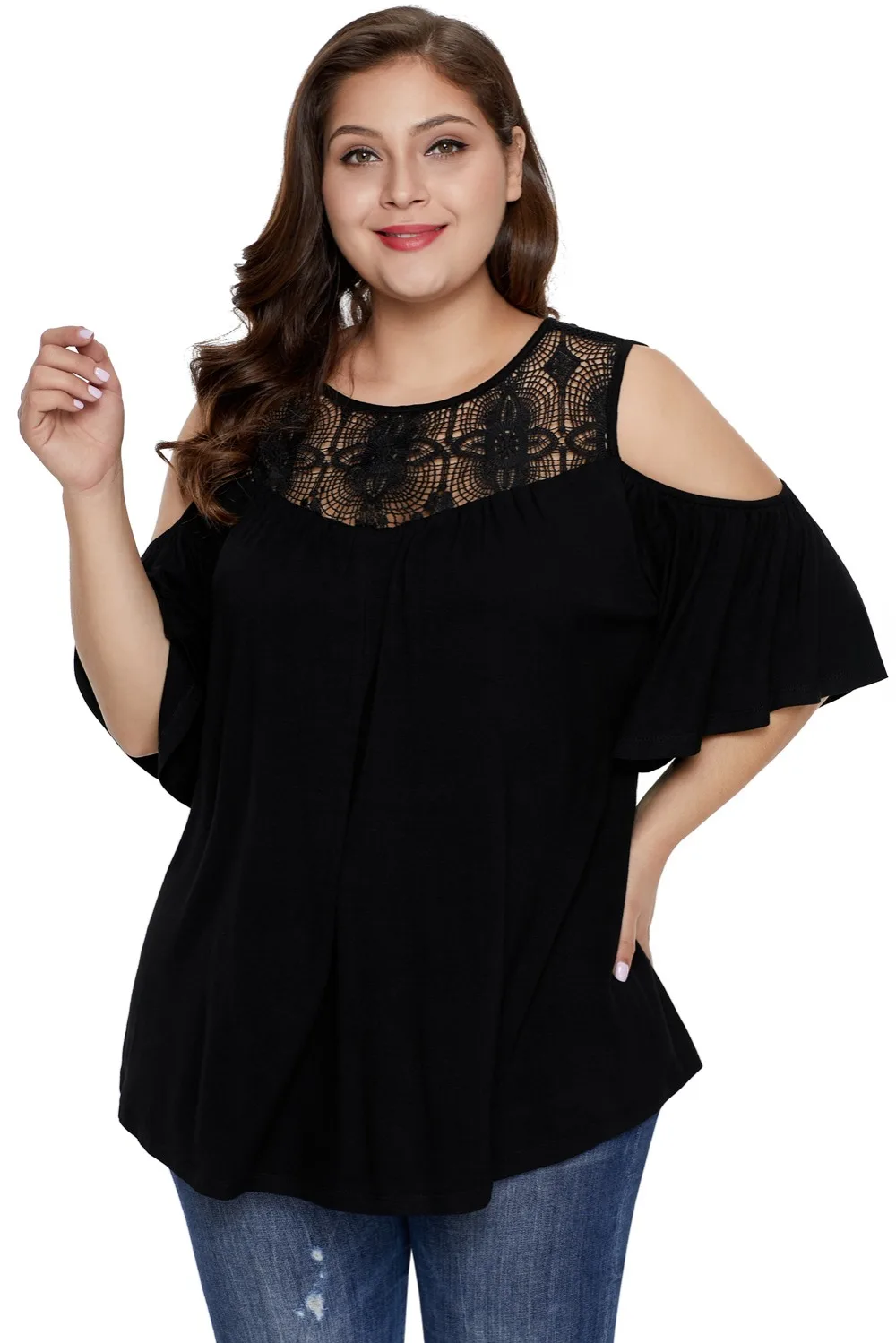 Black-Plus-Size-Crochet-Yoke-Cold-Shoulder-Top-LC251855-2-3