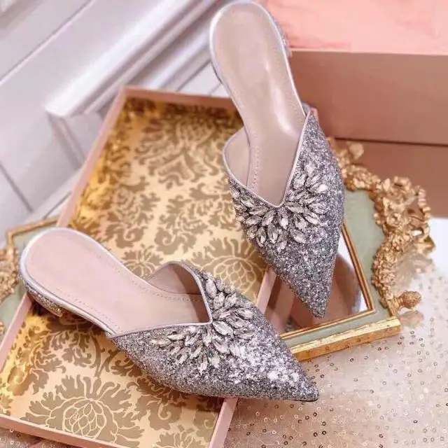 pointed toe women slippers crystal rhinestone stud luxury wedding slides