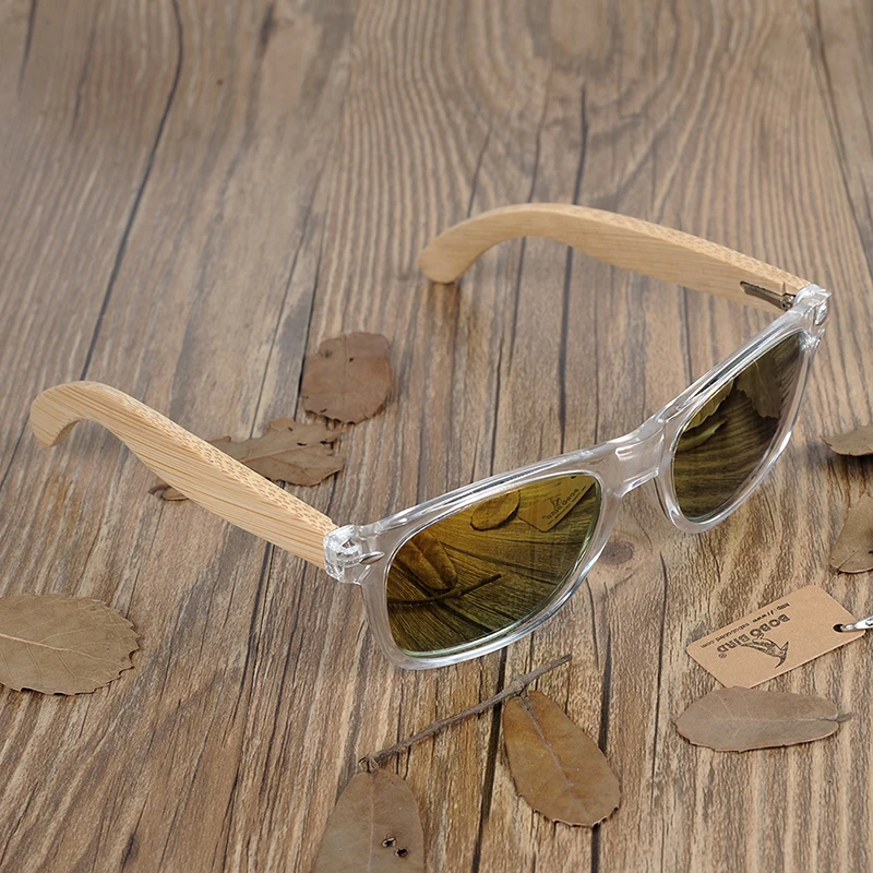 BOBO BIRD поляризационные солнцезащитные очки ручной работы для женщин и мужчин с красочными линзами, прозрачная пластиковая оправа, бамбуковые ножки, модные подарки, CG008