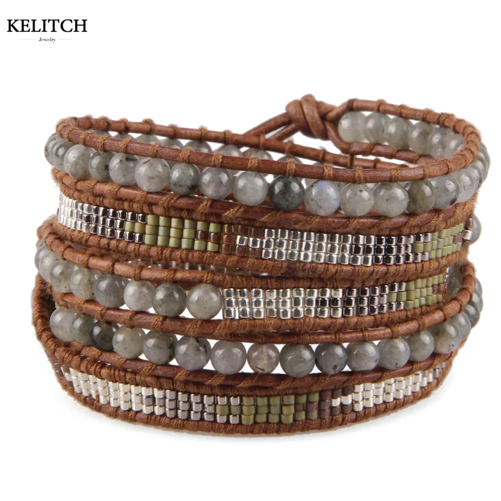 

KELITCH Womens Leather Cuff Bracelets Wrap Bracelet Gorgeous Crystal Seed Beads Bangle Handmade Jewelry Bohemian Gift for Unisex