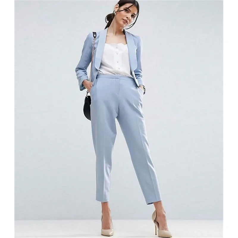 198 Women Pant Suits Light Sky Blue Work Wear for Ladies Pant Suits Women Business Formal Office Uniform Trouser Suit