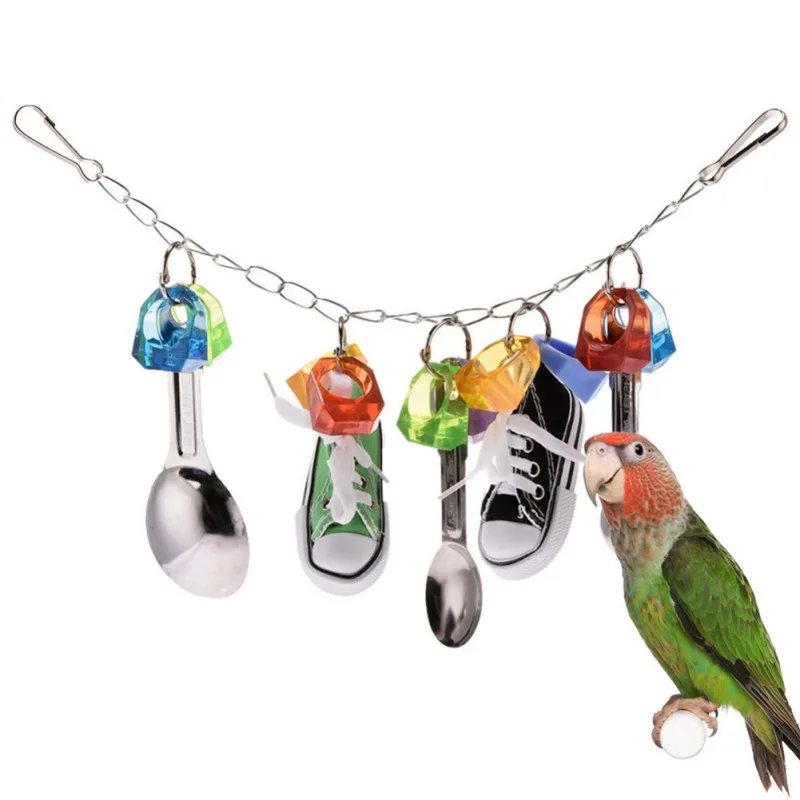 

Handmade Bird Chew Toy Parrot Hanging Stainless Steel Spoon Sports Small Shoes String Pet Playing Training Stress Relief