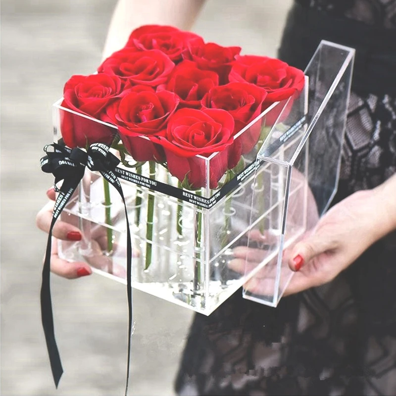 Мода простота 9 отверстий прозрачный акриловый цветок розы коробка Роскошная Подарочная коробка ручной работы ваза