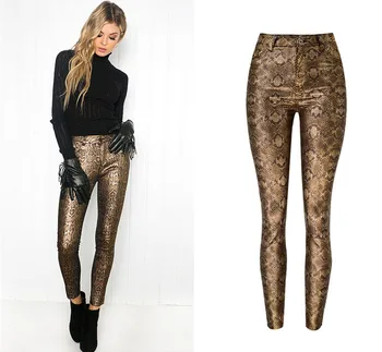 

Chic women high waist PU leather pants sexy snake pattern pencil pants D905