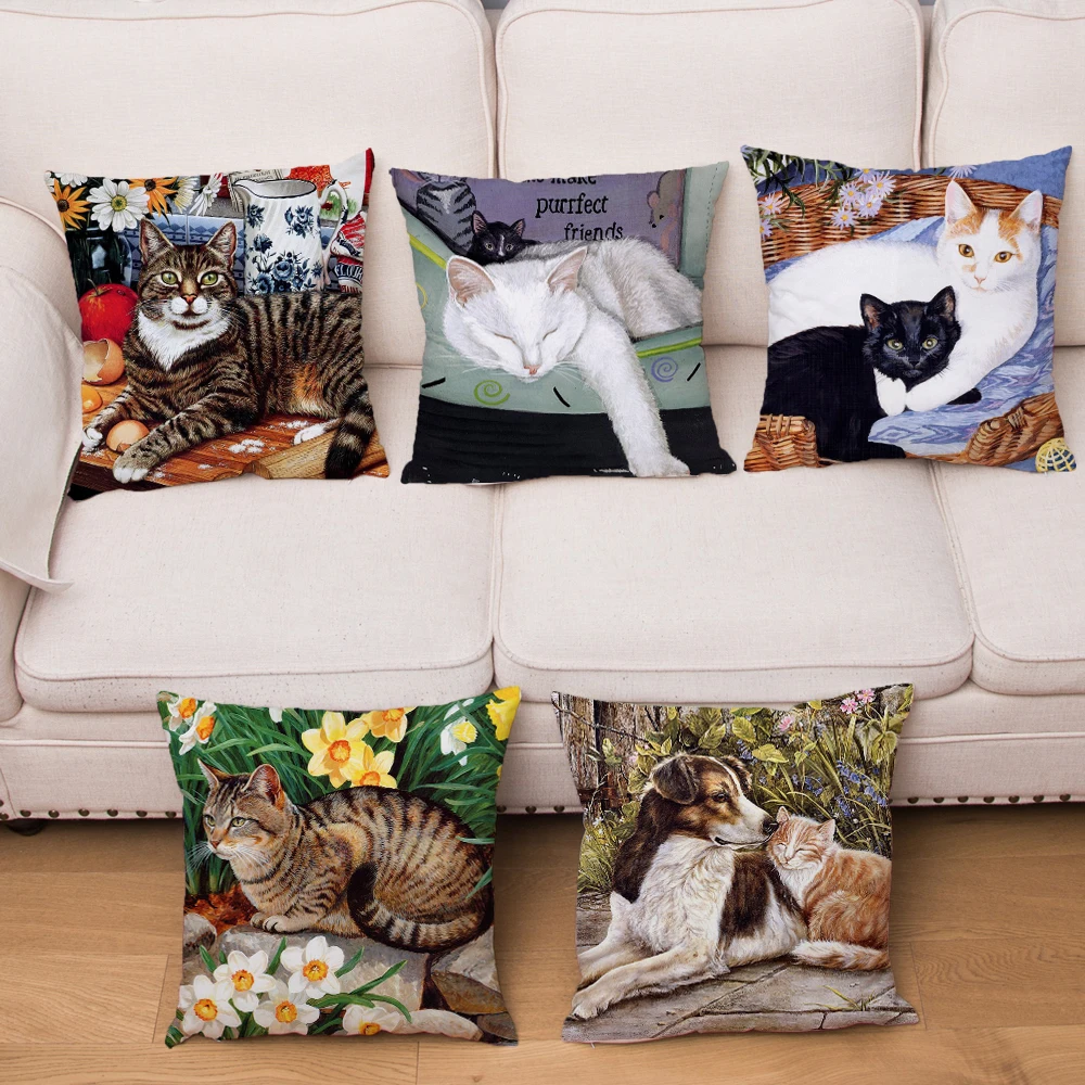 

Short Plush Colorful Oil Painting Animal Pet Cat Cushion Cover Sofa Home Decor Pillowcase 45*45cm Pillow Covers Pillows Case