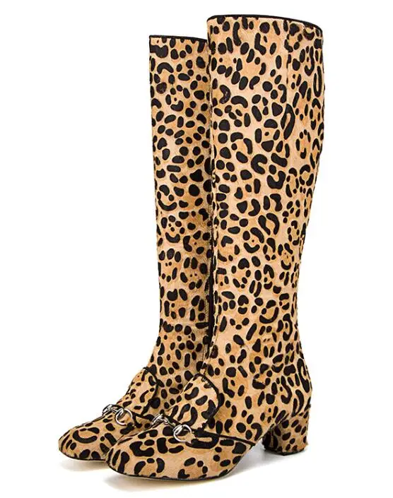 

Hot Sale Women Fashion Round Toe Leopard Suede Leather Knee High Thick Heel Boots Elegant Buckle Design Long Boots