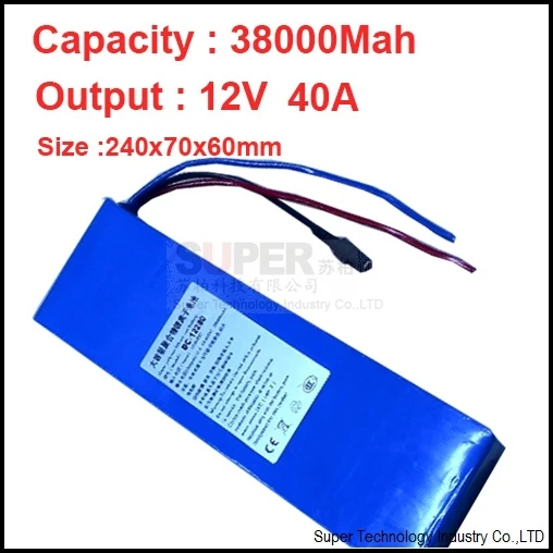 capacity 38A,discharge current 40A,w/ 3A charger 12V battery pack,polymer lithium battery pack high capacity li-ion battery pack