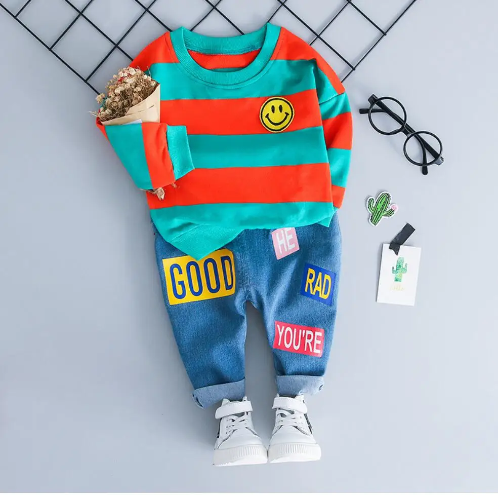 Весенне-осенний комплект одежды для маленьких мальчиков и девочек, хлопковая одежда для малышей спортивный костюм в полоску для маленьких мальчиков, футболка с длинными рукавами+ штаны