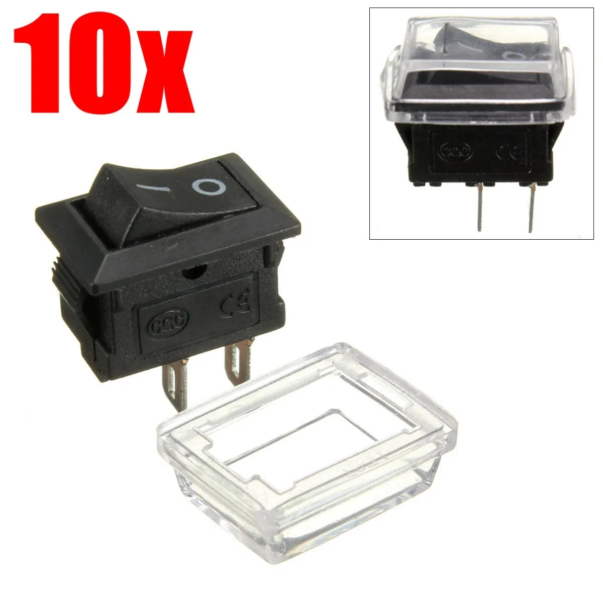 

10Pcs 2Pin On/Off Waterproof Rectangle Rocker Switch w/ Cover Car Dashboard Dash Boat 6A 250VAC / 10A 125VAC