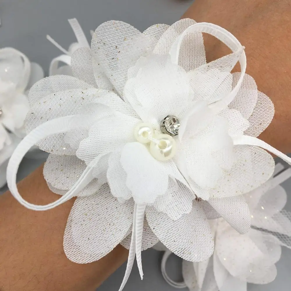 1 ярд шифон 3D Цветы Жемчуг кружево отделка ручной работы отделка стразами свадебное запястье цветочное платье одежда аппликация швейные изделия - Цвет: White