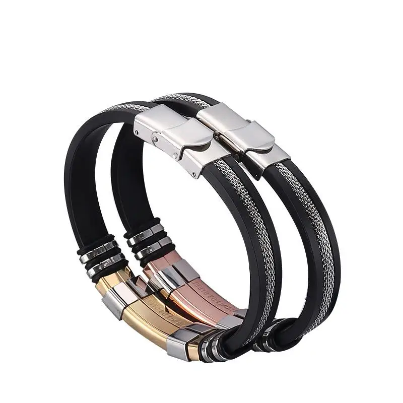 

Cheap new European and American silicone titanium steel bracelet Hot men's jewelry Adjustable fashion